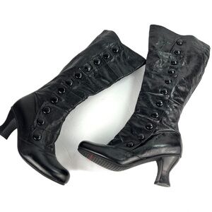Miz Mooz Amelia Tall Retro Style Button Trim Leather Zip Boots Size 7 Black FLAW